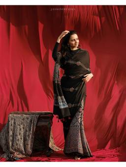 JasmineBySeba - Black Ajrakh Embroidered Saree with Unstitched Blouse and Dupatta