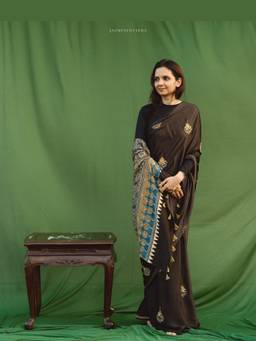 JasmineBySeba - Black Ajrakh Embroidered Saree with Unstitched Blouse and Dupatta