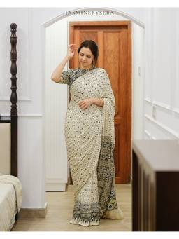 JasmineBySeba - Ivory Ajrakh Printed Embroidered Saree with Unstitched Blouse