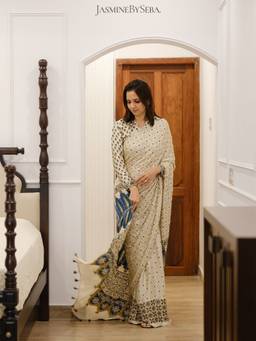 JasmineBySeba - Ivory Ajrakh Printed Saree with Unstitched Blouse