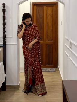 JasmineBySeba - Maroon Ajrakh Mirror Work Saree with Stitched Blouse