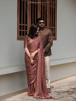 JasmineBySeba - Maroon Ajrakh Mirror Work Saree with Stitched Blouse