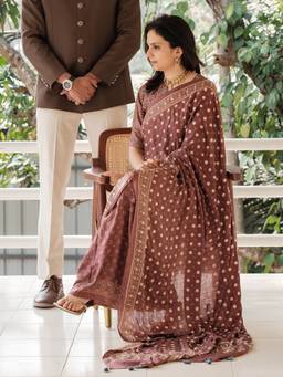 JasmineBySeba - Maroon Ajrakh Embellished Sequence Saree with Unstitched Blouse