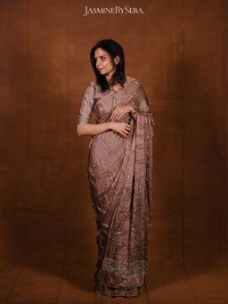JasmineBySeba - Grey Ajrakh Printed Embroidered Saree with Unstitched Blouse