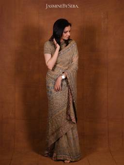 JasmineBySeba - Beige Ajrakh Printed Saree with Stitched Blouse