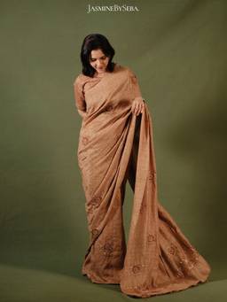 JasmineBySeba - Brown Ajrakh Embellished Printed Saree with Stitched Blouse