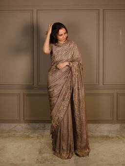 JasmineBySeba - Grey Ajrakh Printed Sequence Saree with Unstitched Blouse