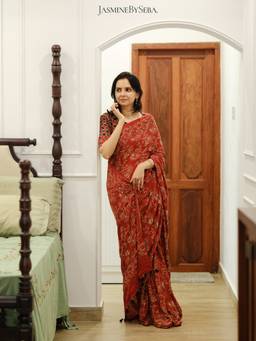 JasmineBySeba - Red Ajrakh Embroidered Saree with Stitched Blouse