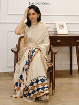 JasmineBySeba - Ivory Ajrakh Printed Saree with Stitched Blouse