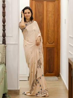 JasmineBySeba - Pink Ajrakh Embroidered Saree with Unstitched Blouse