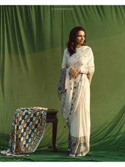 JasmineBySeba - Ivory Ajrakh Embroidered Saree with Unstitched Blouse