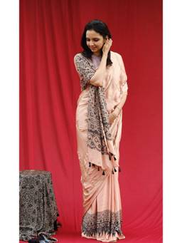 JasmineBySeba - Peach Ajrakh Embroidered Saree with Unstitched Blouse