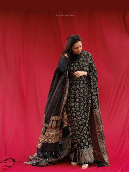 JasmineBySeba - Black Ajrakh Embroidered Saree with Unstitched Blouse