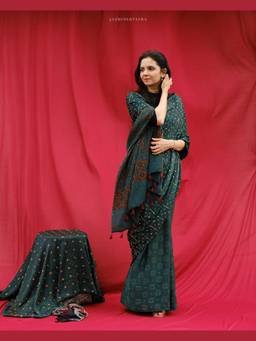 JasmineBySeba - Green Ajrakh Embroidered Saree with Unstitched Blouse