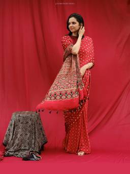 JasmineBySeba - Red Ajrakh Embroidered Saree with Unstitched Blouse
