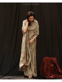 JasmineBySeba - Ajrakh Tussar Silk Hand Dyed, Hand Block Printed and Handworked Saree