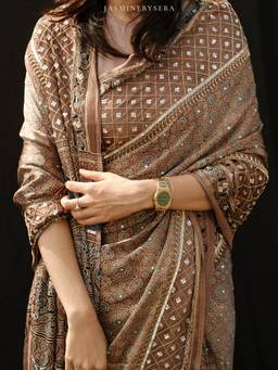 JasmineBySeba - Grey Ajrakh Embroidered Saree with Unstitched Blouse