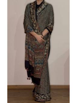 JasmineBySeba - Indigo Ajrakh Printed Saree with Unstitched Blouse