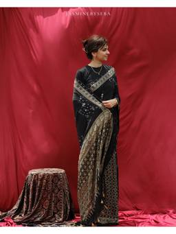 JasmineBySeba - Black Ajrakh Printed Sequined Saree with Unstitched Blouse