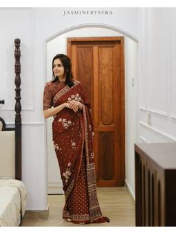 JasmineBySeba - Maroon Ajrakh Embroidered Saree with Stitched Blouse