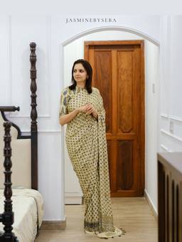 JasmineBySeba - Ivory Ajrakh Printed Saree with Stitched Blouse