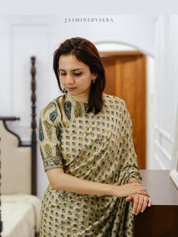 JasmineBySeba - Ivory Ajrakh Printed Sequence Saree with Unstitched Blouse