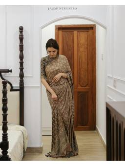 JasmineBySeba - Khaki Ajrakh Mirror Work Saree with Stitched Blouse