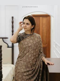 JasmineBySeba - Grey Ajrakh Embellished Sequence Saree with Unstitched Blouse