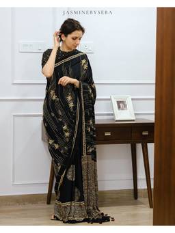 JasmineBySeba - Black Ajrakh Printed Sequined Saree with Unstitched Blouse