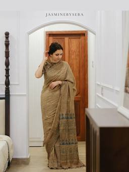JasmineBySeba - Grey Ajrakh Printed Saree with Unstitched Blouse