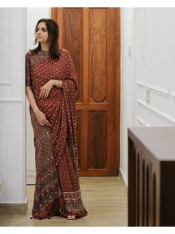JasmineBySeba - Maroon Ajrakh Handworked Saree with Unstitched Blouse