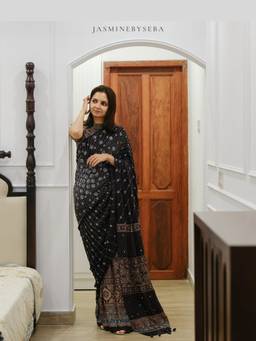 JasmineBySeba - Black Ajrakh Embroidered Saree with Stitched Blouse