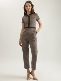 ELLE - Women Brown Printed Spread Collar Short Sleeves Jumpsuit with Belt (Set of 2)