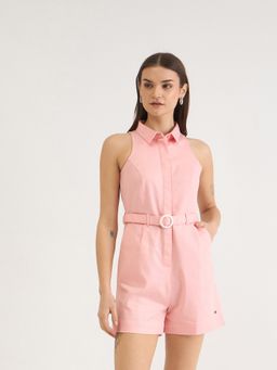 ELLE - Womens Pink Shirt Collar Stretchable Sleeveless Playsuit with Belt (Set of 2)