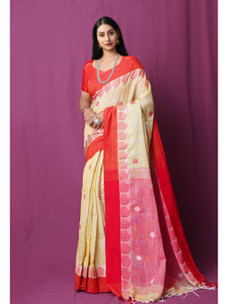 Unnati Silks - Beige Pure Handloom Khadi Linen Saree with Unstitched Blouse