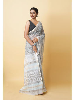 Unnati Silks - Grey Pure Hand Block Printed Kota Saree with Unstitched Blouse
