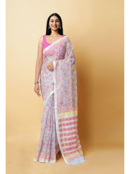 Unnati Silks - Blue Pure Hand Block Printed Kota Saree with Unstitched Blouse
