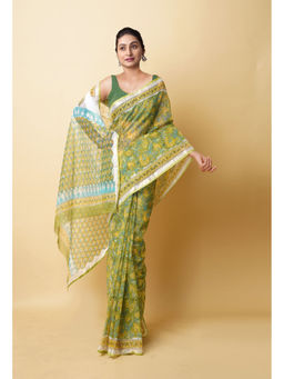 Unnati Silks - Green Pure Hand Block Printed Kota Saree with Unstitched Blouse