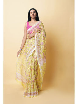Unnati Silks - Lemon Yellow Pure Hand Block Printed Kota Saree with Unstitched Blouse