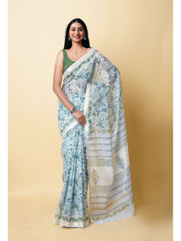 Unnati Silks - Blue Pure Hand Block Printed Kota Saree with Unstitched Blouse