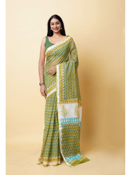 Unnati Silks - Green Pure Hand Block Printed Kota Saree with Unstitched Blouse