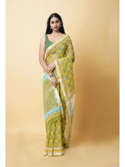 Unnati Silks - Green Pure Hand Block Printed Kota Saree with Unstitched Blouse