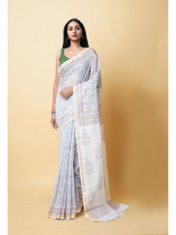 Unnati Silks - Blue Pure Hand Block Printed Kota Saree with Unstitched Blouse