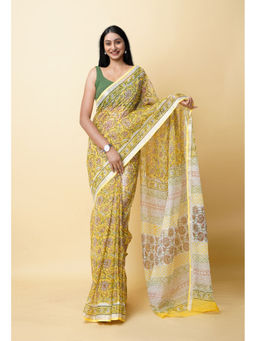 Unnati Silks - Yellow Pure Hand Block Printed Kota Saree with Unstitched Blouse