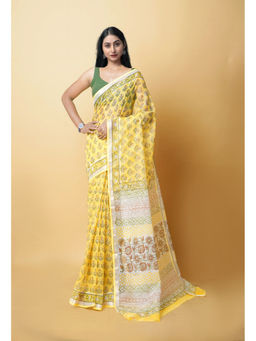 Unnati Silks - Yellow Pure Hand Block Printed Kota Saree with Unstitched Blouse