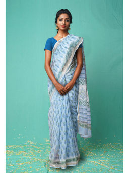 Unnati Silks - Blue Pure Hand Block Printed Kota Saree with Unstitched Blouse