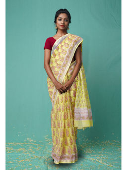 Unnati Silks - Lemon Yellow Pure Hand Block Printed Kota Saree with Unstitched Blouse