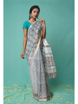 Unnati Silks - Grey Pure Hand Block Printed Kota Saree with Unstitched Blouse