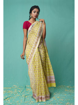Unnati Silks - Lemon Yellow Pure Hand Block Printed Kota Saree with Unstitched Blouse