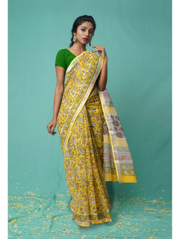 Unnati Silks - Yellow Pure Hand Block Printed Kota Saree with Unstitched Blouse
